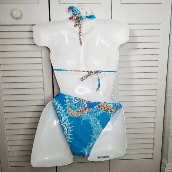 New Blue 70s Flower Pattern Bikini Medium - Picture 2 of 4
